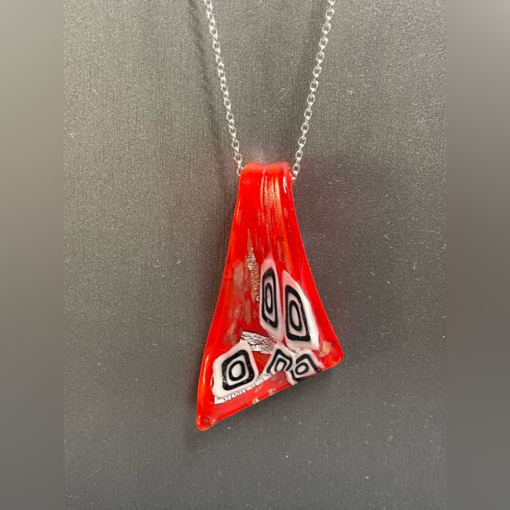 Murano Style Glass Inside Glass Infused Red Gold & Black Large Pendant